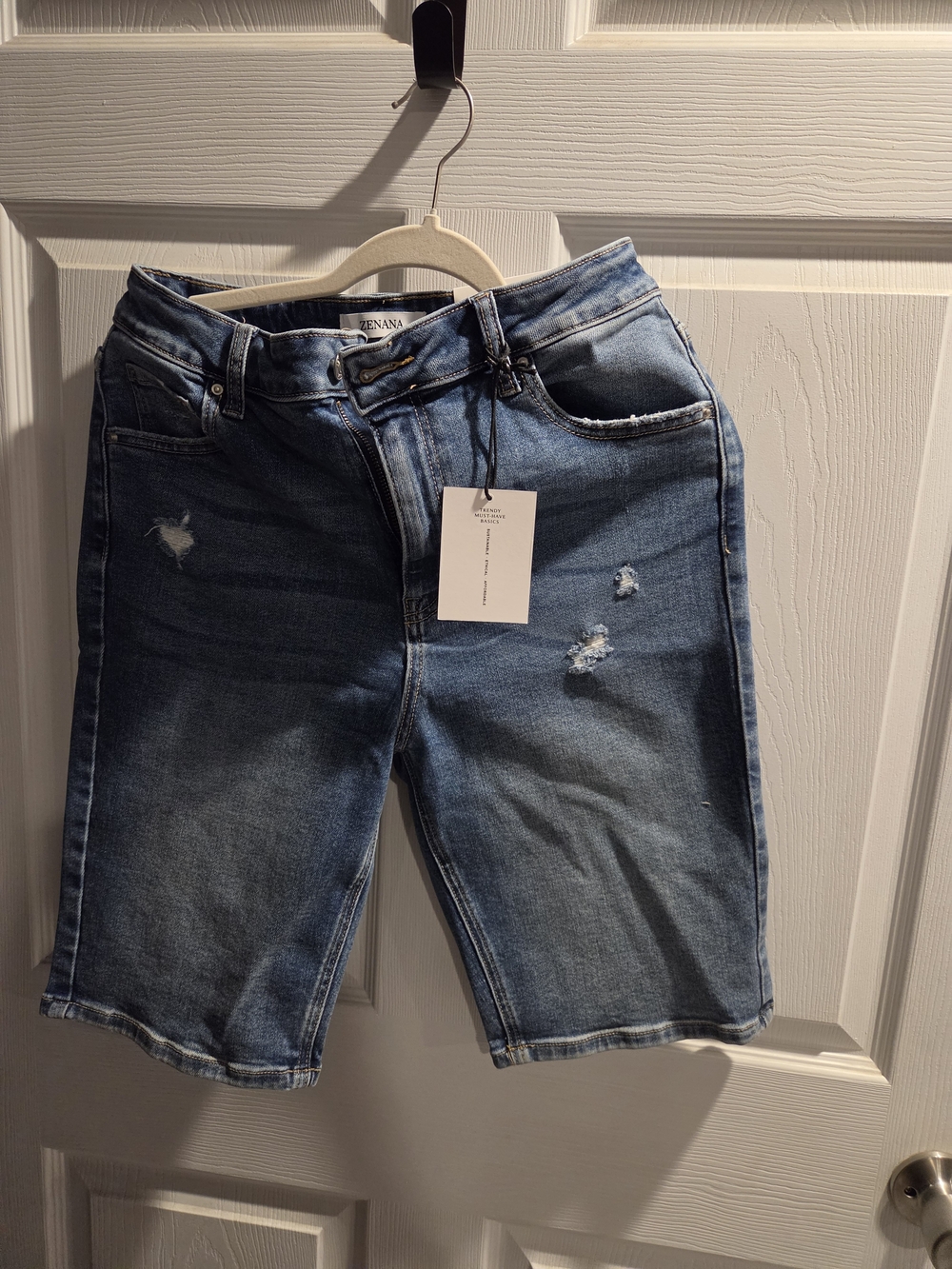 Zenana Outfitters Mid-Blue Distressed Denim Bermuda Shorts